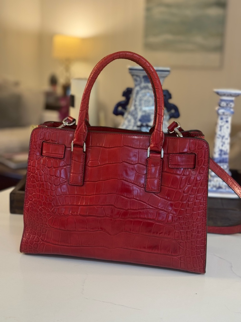 ❤️ MICHAEL KORS DILLON RED MEDIUM LEATHER CROCO EMBOSSED SATCHEL! - Picture 7 of 15